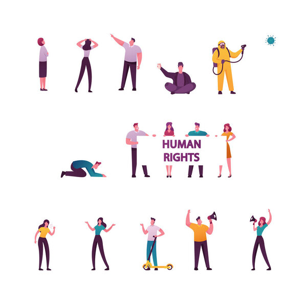 Set of Male and Female Characters Begging Money, Coronavirus Pandemic Disinfection, People on Demonstration for Human Rights, Humiliated Man Stand on Knees, Riding Scooter. Cartoon Vector Illustration