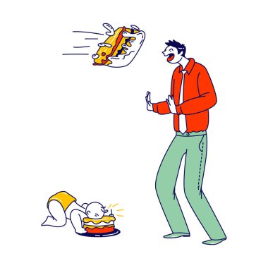 Erkek Karakteri Yüzüne Uçan Pastadan Koru. Komik Bebek İlk Doğum Günü Kutlaması, Elleri Olmayan Çocuk Pastası Yiyen Krema Yüzü. Çılgın Sürpriz Konsepti. Doğrusal İnsanlar Vektör İllüstrasyonu