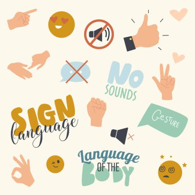 Gesticulate Signs Set with Deaf and Dumb Gestures and Body Language Hand Gesturing and Typography. No Sounds International Communication without Words Print or Pattern. Linear Vector Illustration