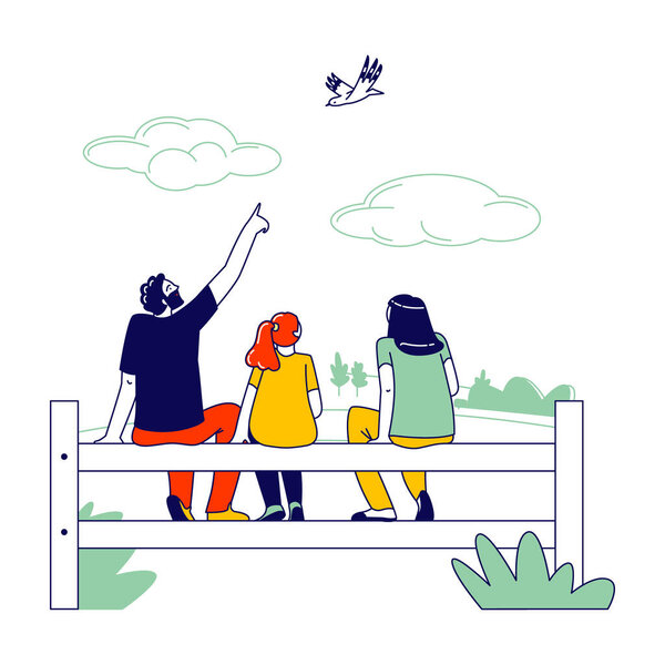 Happy Family Characters Mother, Father and Preteen Daughter Sit on Fence Rear View on Nature Background Looking on Birds Flying in Sky. Parents with Kid Sparetime. Linear People Vector Illustration