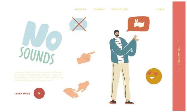 Deaf and Dumb Gesture Language Landing Page Template. Male Character Show Hare on Palms Using Hand Gesturing and Face Expression with No Sounds. Communication without Words. Linear Vector Illustration — ストックベクタ