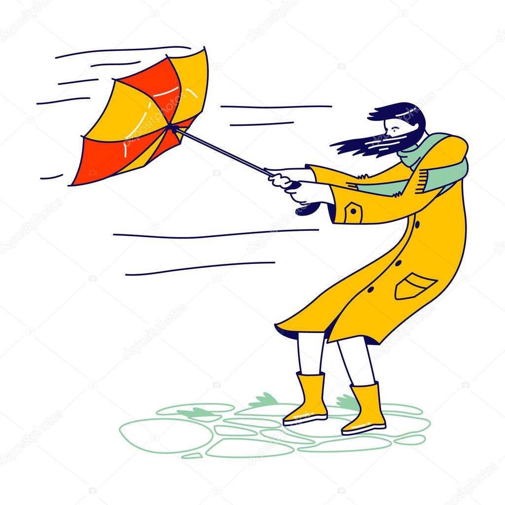 Woman in Coat Holding Broken Umbrella Protecting from Hurricane. Female Character Fighting with Strong Wind in Cold Autumn Weather. Thunderstorm with Extremely Blowing Wind. Linear Vector Illustration