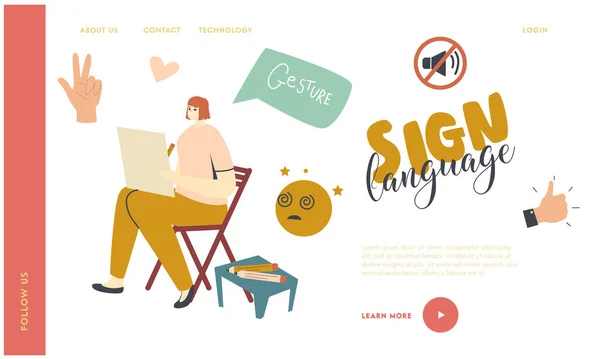 No Sounds Communication Landing Page Template. Female Character Painting Gestures. Woman Use Deaf and Dumb Language Using Hand Gesturing without Words. International Signs. Linear Vector Illustration — Stock Vector