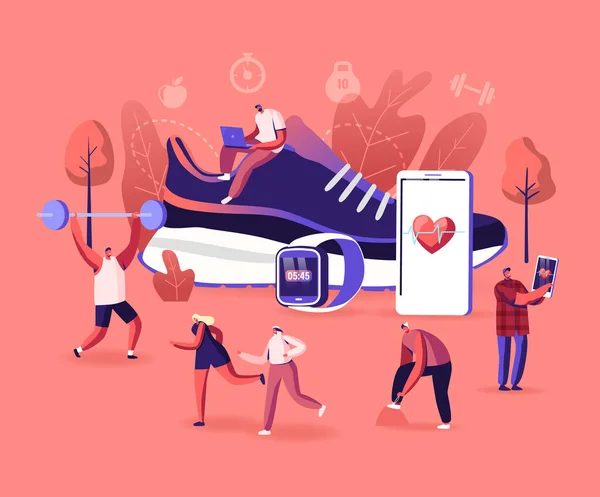 Smart Shoes Concept. Tiny Characters Sportsmen and Sportswomen Entraînement en salle de sport et en plein air dans des baskets de sport connectées à un smartphone. Se promener dans d'énormes chaussures. Illustration vectorielle des personnages de bande dessinée — Image vectorielle