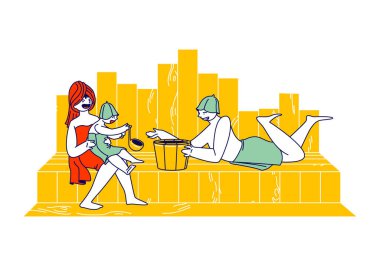 Çocuk ile Mutlu Aile Sauna Rahatlama ve Temizlik Prosedürleri 'nde vakit geçiriyor. Anne, Baba ve Küçük Bebek Karakterler Rafta Kepçeler ve Ağaç Havzası ile otururlar. Doğrusal İnsanlar Vektör İllüstrasyonu