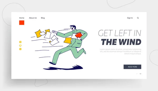 Thunderstorm Tornado Landing Page Template. Business Man Character Running Fast Trying to Catch Flying Documents Blown Away with Strong Whirlwind in Cold Autumn Weather. Linear Vector Illustration