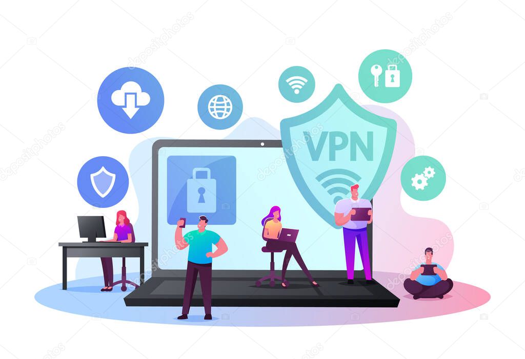 Virtual Private Network, VPN Concept. Tiny Characters around of Huge Laptop with Lock Symbol on Screen. Wbsite Encryption, Data Security and Privacy in Internet. Cartoon People Vector Illustration