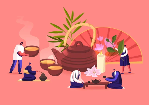 Theeceremonie Concept. Mensen groeien, verzorgen, verzamelen Verkopen en drinken thee. Kleine mannelijke en vrouwelijke personages die genieten van het drinken van warme drank bij Enorme Clay Pot and Cups. Cartoon Vector Illustratie — Stockvector