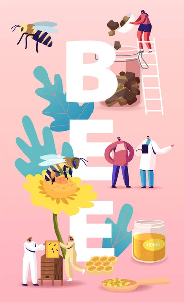 As pessoas criam abelhas, extraindo conceito de mel. Apicultor no Apiary Taking Honeycombs Frame. Personagens produzindo Natural Eco produto na apicultura Farm Poster Banner Flyer. Desenhos animados Vector Ilustração — Vetor de Stock
