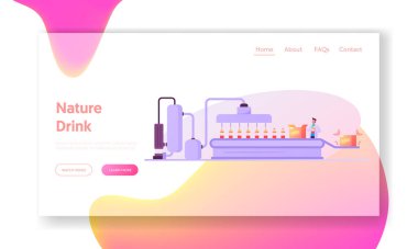 Üretim tesisi Juice Landing Page Şablonu. Fabrika İşçi Karakteri Taşıyıcı 'da Meyve Suyu Kutularda Paketleme İçin Kayışlı Şişelerle Duruyor. Çizgi film Vektör İllüstrasyonu