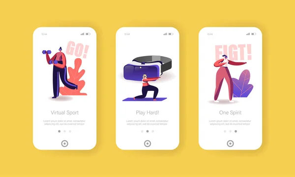 Virtual Reality Technology for Sports Workout Mobile App Page Onboard Screen Template (em inglês). Personagens minúsculos usam óculos Vr Exercício, empurrar para cima, conceito de realidade aumentada. Desenhos animados Pessoas Vector Ilustração — Vetor de Stock