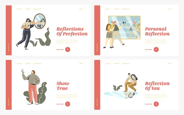 La gente mira Mirror Reflection Landing Page Template Set. Autoevaluación y Apariencia Personal. Los personajes se admiran pasando por el escaparate de la tienda Puddle on Ground. Ilustración de vectores lineales — Vector de stock