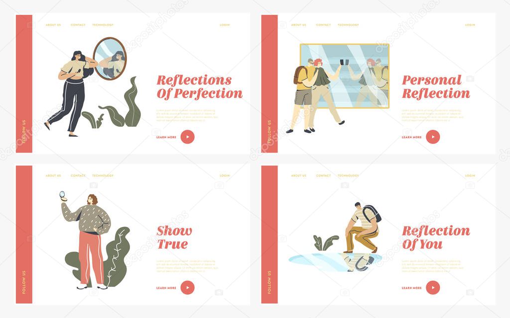 People Look at Mirror Reflection Landing Page Template Set. Self-assessment and Personal Appearance. Characters Admire themselves Passing by Store Showcase Puddle on Ground. Linear Vector Illustration