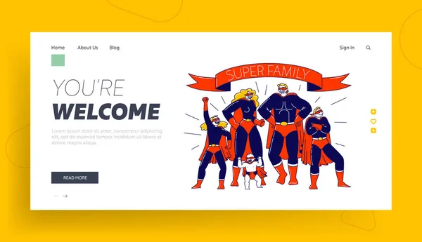 Super Family Landing Page Template. Персонажи Мать, Отец, Сын, Дочери и Маленькие Малыши СуперГерои. Мама, папа и дети в костюмах супергероев позируют. Вектор линейных людей — стоковый вектор