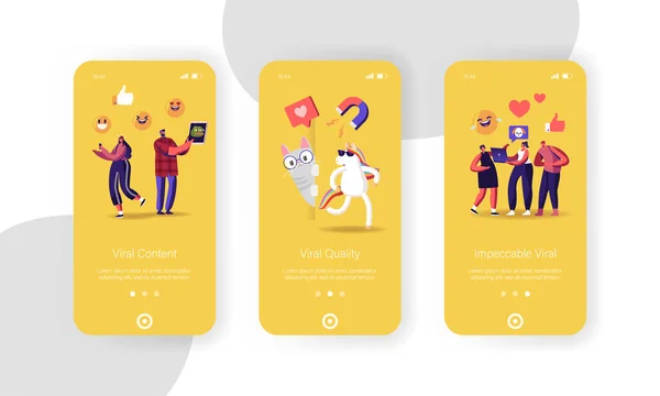 Шаблон экрана мобильного приложения Viral Content. Забавные персонажи единорогов и кошек, социальные медиа потоки, сетевые лайки, последователи, привлекающие концепцию. Вектор карикатурных людей — стоковый вектор
