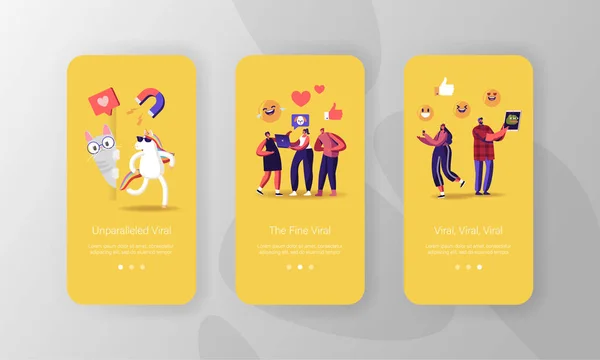 Virale inhoud Mobile App Page Onboard Screen Template. Tieners Karakters Kijken Grappig Video Clip op Smartphone met Schattige Kat Draag Bril en Eenhoorn Concept. Cartoon People Vector Illustratie — Stockvector