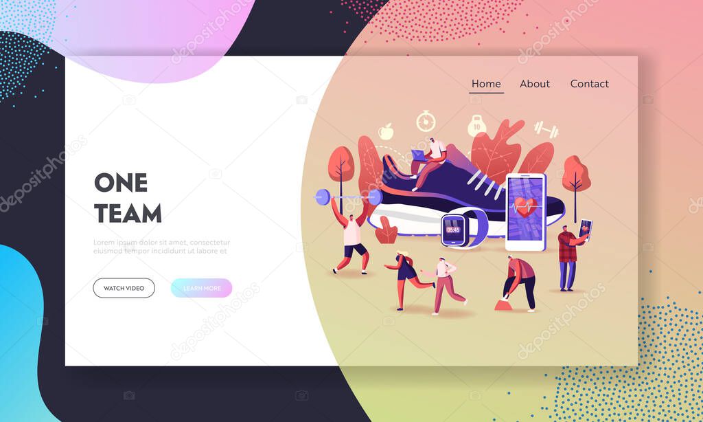 Smart Shoes Landing Page Template. Tiny Characters Sportsmen and Sportswomen Training in Sport Sneakers Connected to Smartphone. Walking around Huge Footwear. Cartoon People Vector Illustration