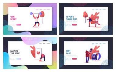 Akıllı Ayakkabılar İniş Sayfa Şablonu Ayarlandı. Sport Sneakers 'da Sportmen ve Sportswomen Training in Smartphone Application Walking in Smart Showear. Çizgi film İnsanları Vektör İllüstrasyonu