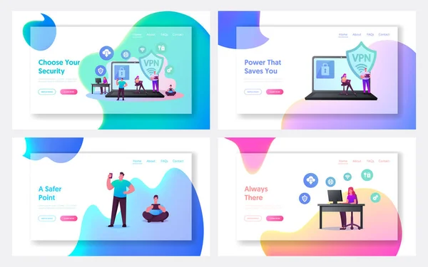 Virtual Private Network, VPN Landing Page Template Set. Крошечные персонажи на огромном ноутбуке с замком на экране. Шифрование Wbsite, безопасность данных и конфиденциальность в Интернете. Вектор карикатурных людей — стоковый вектор