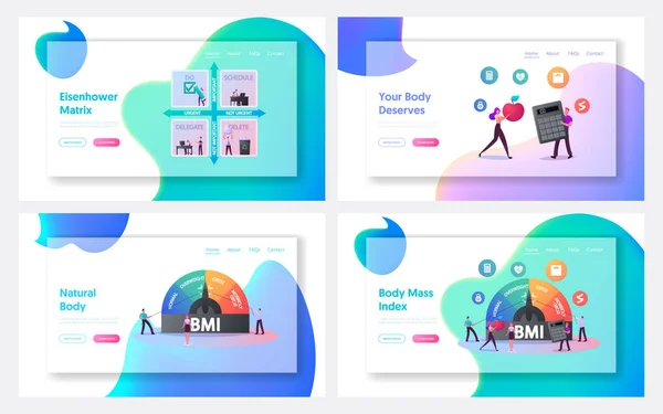 Índice de Massa Corporal, Eisenhower Matrix Landing Page Template Set. Caracteres minúsculos em escala enorme com graus de obesidade de Normal para Obeso. Controle de peso de pessoas magras e gordas. Desenhos animados Vector Ilustração — Vetor de Stock