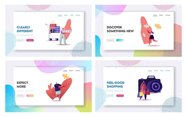 Shopping Tour Landing Page Sablon készlet. Karakterek táskák és kocsi, Photo Camera és százalékos szimbólumok. Utazók és turisták a kedvezményes promóció. Rajzfilm emberek vektor illusztráció — Stock Vector