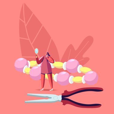 Yaratıcı Eserler, El Yapımı Hobi Konsepti. Küçük bir kadın karakteri. Aynada Güzel Boyunbağı Bakışı dene. Yanında da kocaman boncuklar ve penseyle. Mücevher Cazibesi Moda. Çizgi film Vektör İllüstrasyonu