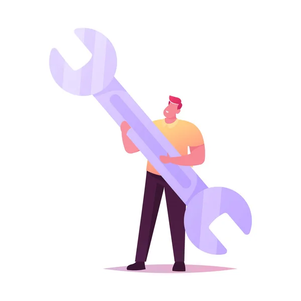 Technická podpora. Tiny Man Character Hold Huge Wrench. Muž s klíčem opravy nástroj pro opravu porouchané věci, Stavební nástroj Izolované na bílém pozadí. Cartoon Vector Illustration — Stockový vektor