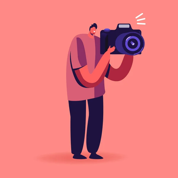 Φωτογράφος άνθρωπος με φωτογραφική μηχανή κάνει εικόνα. Δημιουργικό Χόμπι, Ταξιδιωτική ή Επαγγελματική Έννοια Επάγγελμα. Άντρας χαρακτήρας υπόλοιπο στο εξωτερικό γυρίσματα στιγμές μνήμης ζωής. Εικονογράφηση διάνυσμα κινουμένων σχεδίων — Διανυσματικό Αρχείο