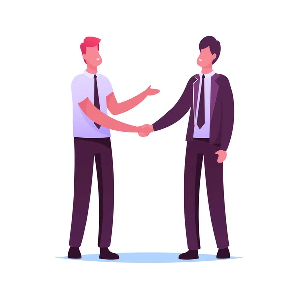 Business Partners Men Handshaking e Conceito de Parceria. Personagens de Empresários Reunião para Discussão de Projetos, Acordo de Mãos Agitando durante a Negociação. Desenhos animados Pessoas Vector Ilustração — Vetor de Stock