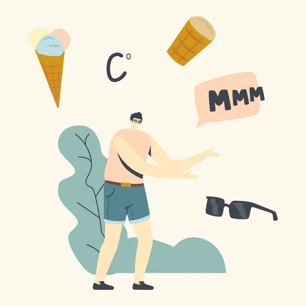 Ανδρικός χαρακτήρας στο Summer Clothes Dream of Ice Cream στο Waffle Cone. Θερινό φαγητό, νοστιμότατο γλυκό επιδόρπιο. Man Choose Sunglasses and Various Type of Icecream. Γραμμική διανυσματική απεικόνιση — Διανυσματικό Αρχείο