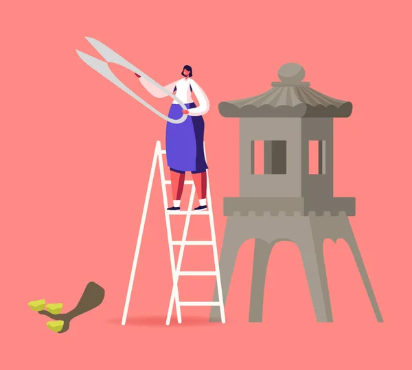 Μικροσκοπικός γυναικείος χαρακτήρας με τεράστια ψαλίδια σταθεί στη σκάλα με κομμένο δέντρο Brunch στο έδαφος και ασιατική διακόσμηση. Κηπουρική, Χόμπι ή Επάγγελμα. Εικονογράφηση διάνυσμα κινουμένων σχεδίων — Διανυσματικό Αρχείο
