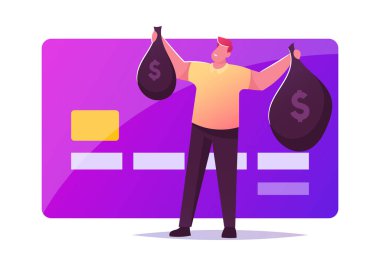 Temas yok Ödeme. Adam Alıcı Karakteri Para ve Dolar Tabelalarıyla Torbaları Süpermarketteki Dev Kredi Kartı 'nda duruyor. Temassız Ödeme, Cep Telefonu ile Satın Alım. Çizgi film Vektör İllüstrasyonu