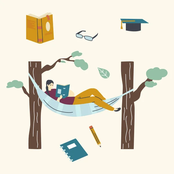 Personnage Féminin Se relaxer Allongé dans un hamac Suspendu aux arbres et lisant un livre intéressant. Fille Préparez-vous pour les examens universitaires, loisirs Temps libre, passe-temps et loisirs. Illustration vectorielle linéaire — Image vectorielle