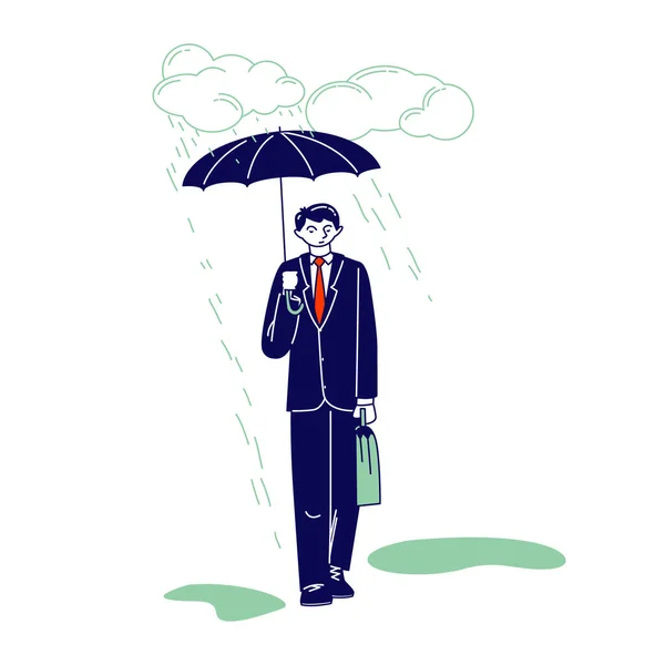 Personagem Empresário com Maleta e Guarda-chuva sob Nuvem de Chuva. Depressão, Passerby em Wet Rainy Autumn ou Spring Weather. Drenched Man, Cold Water Pour from Sky. Ilustração Linear do Vetor —  Vetores de Stock