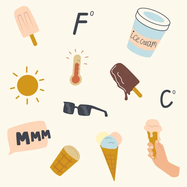 2018 년 4 월 1 일에 확인 함 . Set of Melted Ice Cream and Summer Time Accessories Sunglasses, Shining Sun, Thermometer Show High Temperature, Summertime Print, Fabric Ornament, Wrapping Paper Design. 비유적 인 벡터의 예 — 스톡 벡터