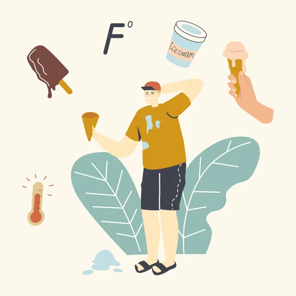 Smiling Male Character with Waffle Cone in Hand deciding what Ice Cream to Choping in Hot Summer Day. 《 월 스트리트 저널 》 ( 영어 ). 여름 난방, 달콤 한 냉동 음식, 포시클 이 케 크레람. 비유적 인 벡터의 예 — 스톡 벡터