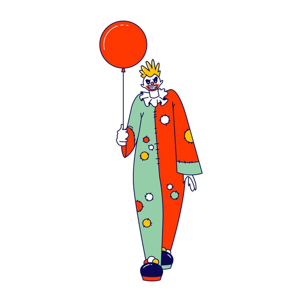 Gruselclown mit Luftballon. Männlicher Animator in Funster-Kostüm mit Flecken, Perücke, roter Nase und gruseligem Gesicht isoliert auf weißem Hintergrund. Halloween-Charakter, Freak, Horror. Lineare Vektorillustration — Stockvektor