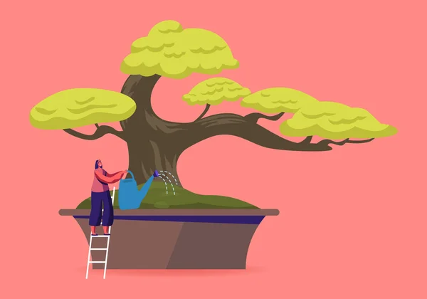 Japanese Culture, Horticulture, Olericulture Hobby Concept (em inglês). Menina feliz Jardinagem em casa ou estufa que molha a árvore de Bonsai da lata. Mulher Personagem Cuidar de Planta. Desenhos animados Vector Ilustração —  Vetores de Stock