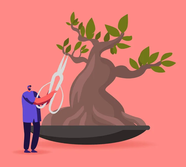 Tiny Male Character Trimming Bonsai Tree with Huge Scissors. Man Doing Gardener Works Prune and Cut Branches. Gardener Hobby, Professional Occupation, Japanese Culture. Cartoon Vector Illustration — Stock Vector