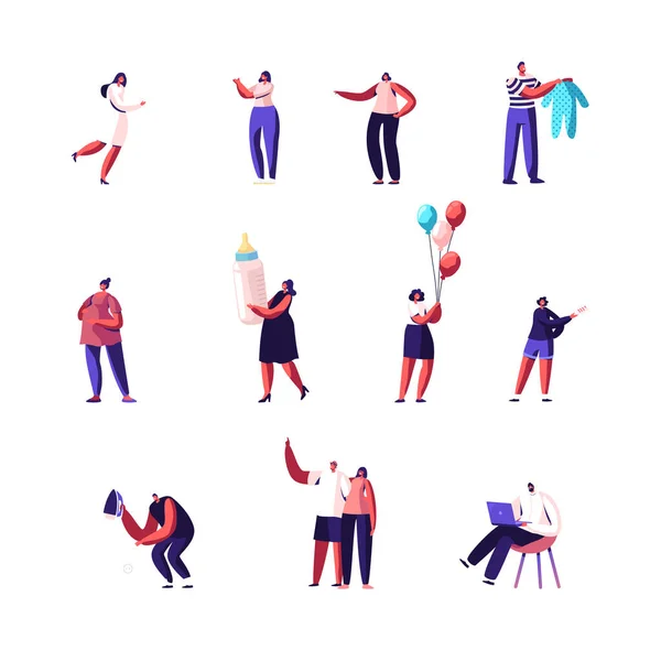 Set of Male and Female Characters Visiting Baby Shower Party with Gifts and Balloons, Pregnant Woman Prepared for Maternity, Man Household Duties Ironing Clothes (dalam bahasa Inggris). Ilustrasi Vektor Rakyat Kartun - Stok Vektor