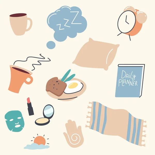 Σετ Morning Routine Things Πετσέτα, Κύπελλο καφέ και Ξυπνητήρι με πρωινό γεύμα, καλλυντικά μακιγιάζ, καθημερινά Planner και ανθρώπινο φοίνικα με σπιράλ, ήλιο και σύννεφο με μαξιλάρι. Γραμμική διανυσματική απεικόνιση — Διανυσματικό Αρχείο