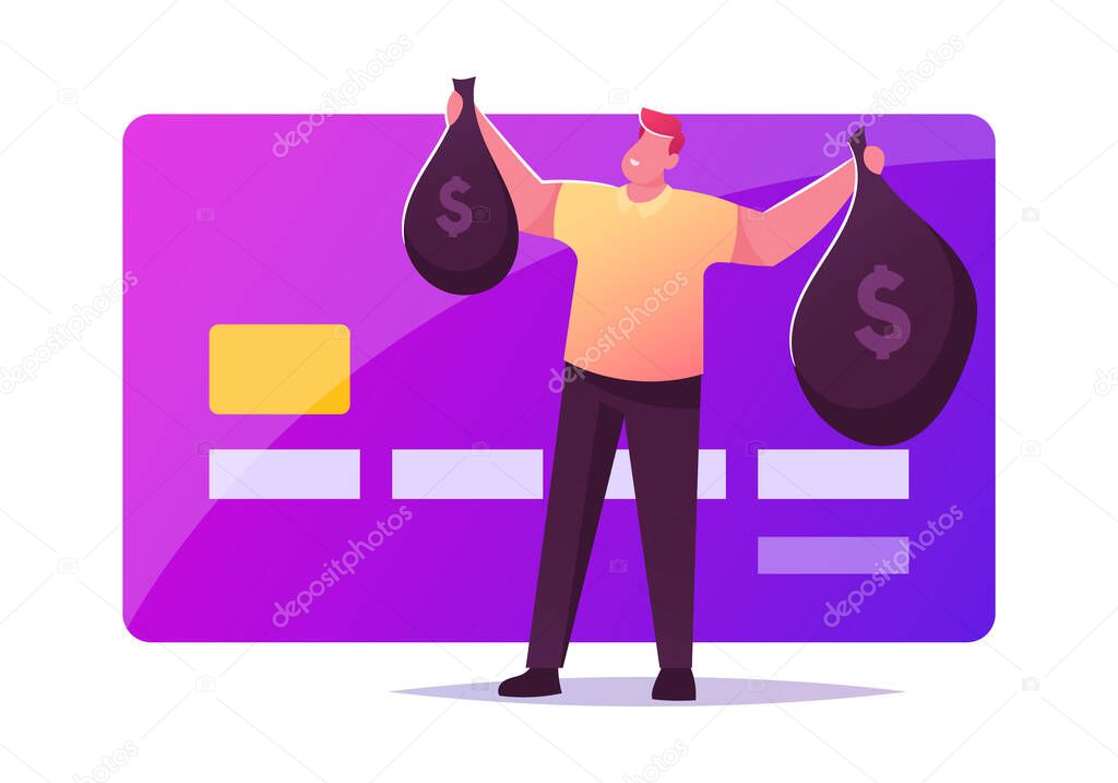 Noncontact Payment. Man Buyer Character Hold Sacks with Money and Dollar Signs Stand at Huge Credit Card in Supermarket. Contactless Paying, Purchases with Mobile Phone. Cartoon Vector Illustration