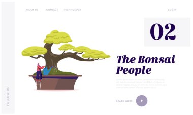 Japon Kültürü, Bahçecilik Hobisi İniş Sayfa Şablonu. Evde Mutlu Kız Bahçıvanlığı ya da Teneke 'den Bonsai Ağacı Sulama. Bitki Bakımı Kadın Karakteri. Çizgi film Vektör İllüstrasyonu