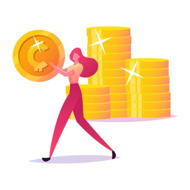 Başarılı İş Kadını Altın Para Taşıyor, Para Nakit Karakteri. Zengin İşkadını Tasarruf Yapıyor, Finansal Kâr Zenginliği, Artan Sermaye Klik başına öde. Çizgi film Vektör İllüstrasyonu