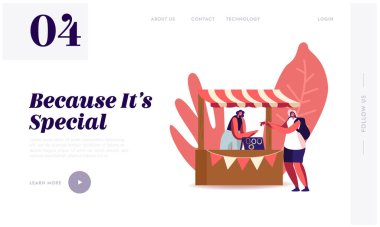 El yapımı Craft İniş Şablonu. Turist Kadın Karakteri, Bijouterie 'yi Elde Deniyor. Kadın Satıcısı Booth 'ta Renkli Boncuk ve Mücevherlerden Yapılan Mücevherler Satıyor. Çizgi film İnsanları Vektör İllüstrasyonu