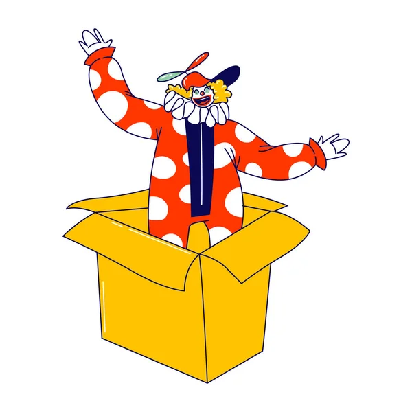 Pagliaccio personaggio pop-up dalla scatola di cartone enorme. Big Top Circus Show Artista, interprete giullare, intrattenitore in costume divertente e cappello con elica, parrucca, trucco e naso finto. Illustrazione vettoriale lineare — Vettoriale Stock