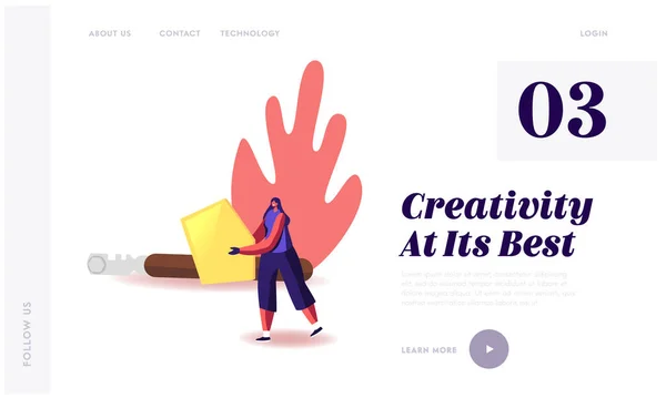 Artigianato antico Landing Page Template. Piccolo personaggio femminile portare enorme pezzo di vetro giallo. Donna Glazier Hobby o di lavoro Occupazione, Ragazza assemblare vetrate. Illustrazione del vettore del fumetto — Vettoriale Stock