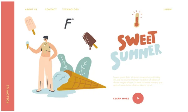 炎炎夏日天气登陆页面模板。女主角戴着太阳镜吃融化的冰淇淋，旁边躺着巨大的一层冰淇淋。季节性热量，高温。线形矢量说明 — 图库矢量图片