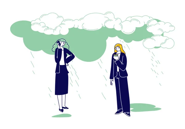 Empresárias Personagens com Smartphone e Coffee Cup Stand sob nuvens de chuva. Tempo chuvoso úmido, depressão, problemas de trabalho. Drenched Girls under Cold Water Pour from Sky (em inglês). Ilustração Linear do Vetor —  Vetores de Stock