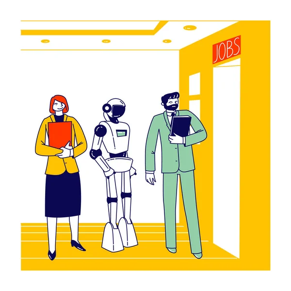 Robot y Competencia Humana. Job Seekers Characters and Cyborg Waiting Work Interview at Office Hall (en inglés). Automatización, tecnologías futuristas e inteligencia artificial. Personas lineales Vector Ilustración — Vector de stock